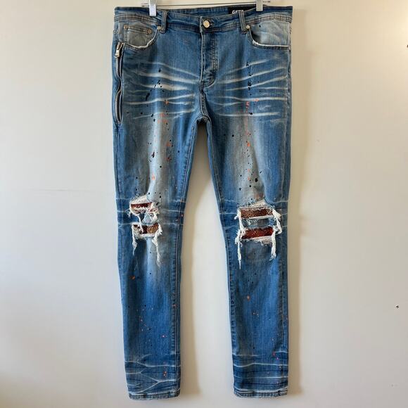 GTFO Distressed Edgy Sequin Paint Splatter Stretch Blue Jeans Mens 40 - Picture 1 of 16